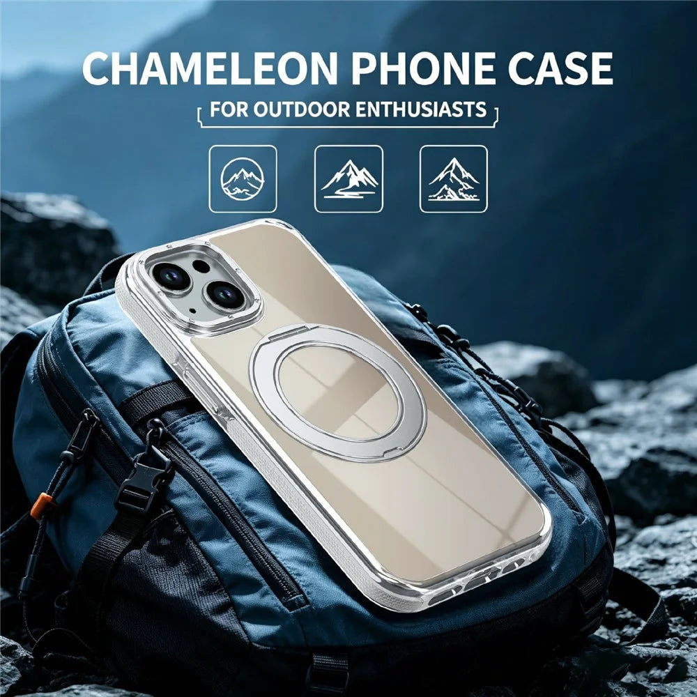 Magnetic Case For iPhone 13  /  14 Fluorescent Design TPU Acrylic Phone Back Cover with 360° Rotating Kickstand - White - 5