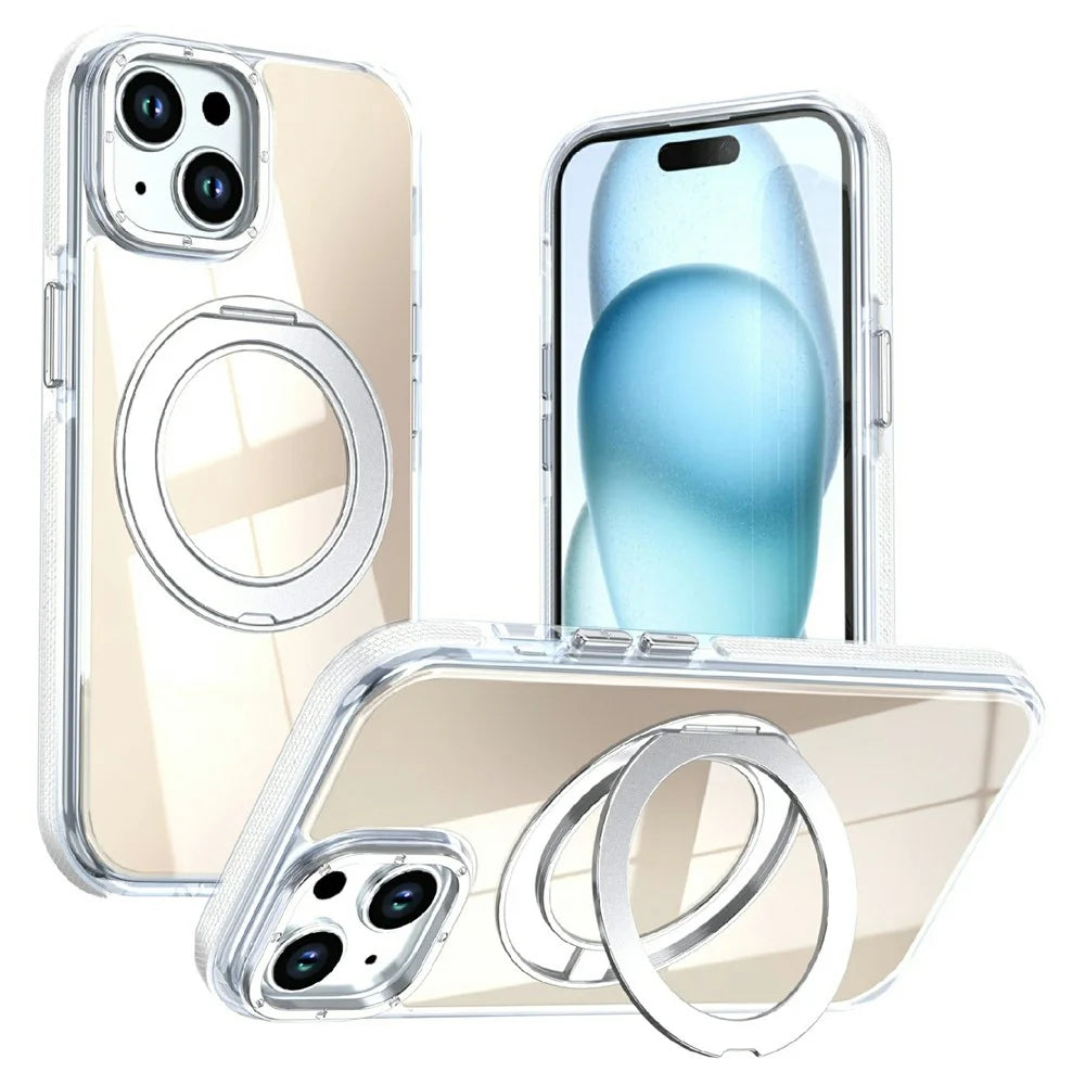 For iPhone 15 Magnetic Case Fluorescent Design TPU Acrylic Phone Back Cover with 360° Rotating Kickstand - White - 1