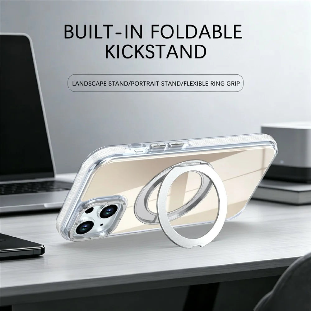 For iPhone 15 Magnetic Case Fluorescent Design TPU Acrylic Phone Back Cover with 360° Rotating Kickstand - White - 3