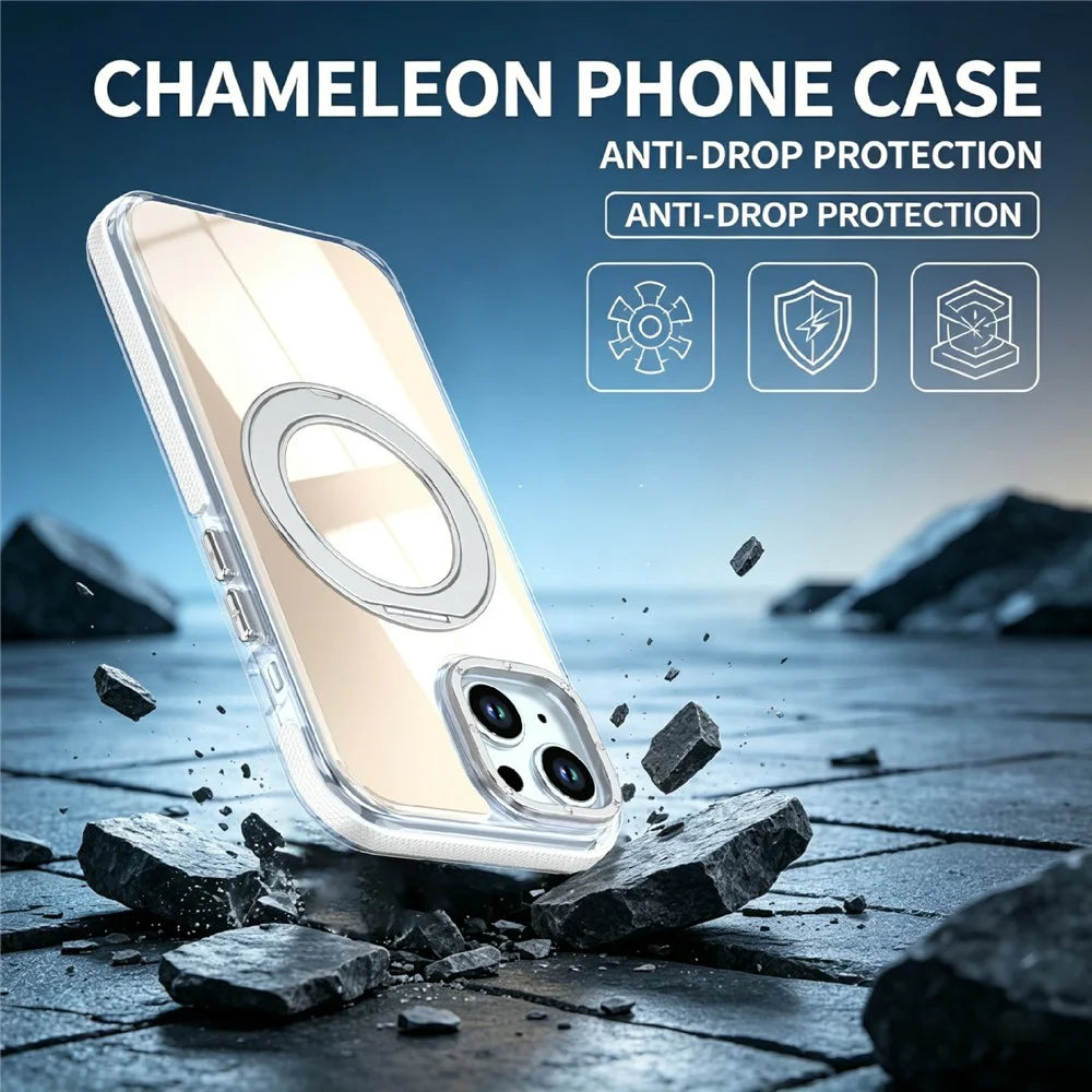 For iPhone 15 Magnetic Case Fluorescent Design TPU Acrylic Phone Back Cover with 360° Rotating Kickstand - White - 7