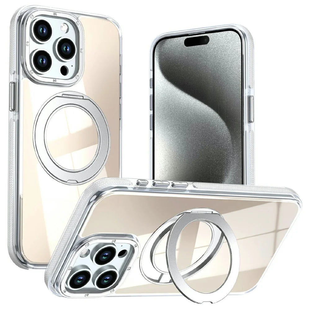 For iPhone 15 Pro Magnetic Case Fluorescent Design TPU Acrylic Phone Back Cover with 360° Rotating Kickstand - White - 1