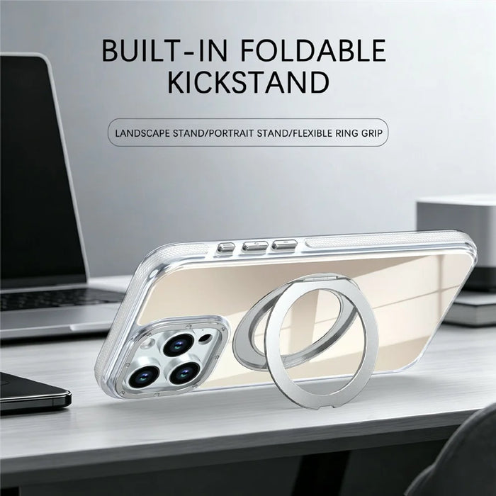 For iPhone 15 Pro Magnetic Case Fluorescent Design TPU Acrylic Phone Back Cover with 360° Rotating Kickstand - White - 3