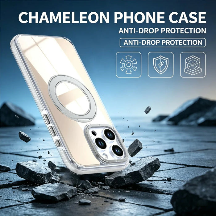 For iPhone 15 Pro Magnetic Case Fluorescent Design TPU Acrylic Phone Back Cover with 360° Rotating Kickstand - White - 7