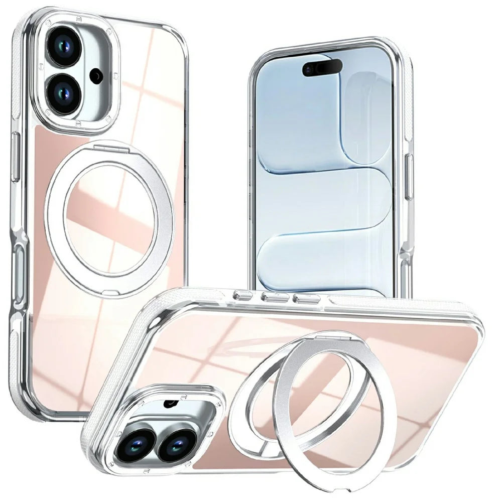 For iPhone 16 Magnetic Case Fluorescent Design TPU Acrylic Phone Back Cover with 360° Rotating Kickstand - White - 1