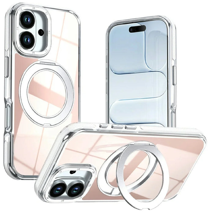For iPhone 16 Magnetic Case Fluorescent Design TPU Acrylic Phone Back Cover with 360° Rotating Kickstand - White - 1