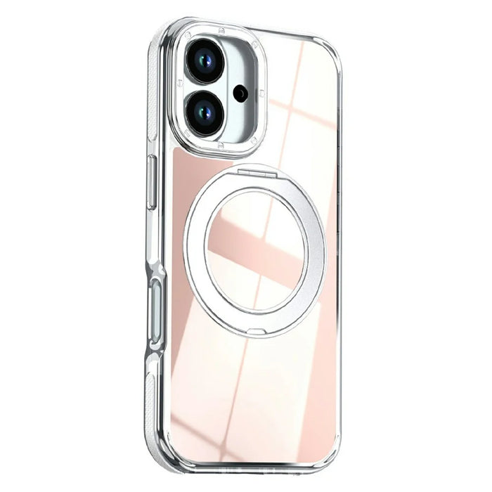 For iPhone 16 Magnetic Case Fluorescent Design TPU Acrylic Phone Back Cover with 360° Rotating Kickstand - White - 2