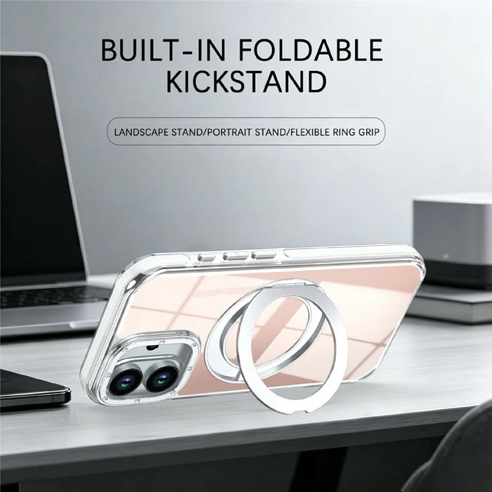 For iPhone 16 Magnetic Case Fluorescent Design TPU Acrylic Phone Back Cover with 360° Rotating Kickstand - White - 3