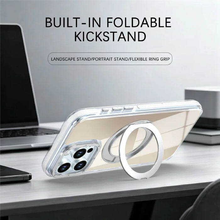 For iPhone 16 Pro Magnetic Case Fluorescent Design TPU Acrylic Phone Back Cover with 360° Rotating Kickstand - White - 3