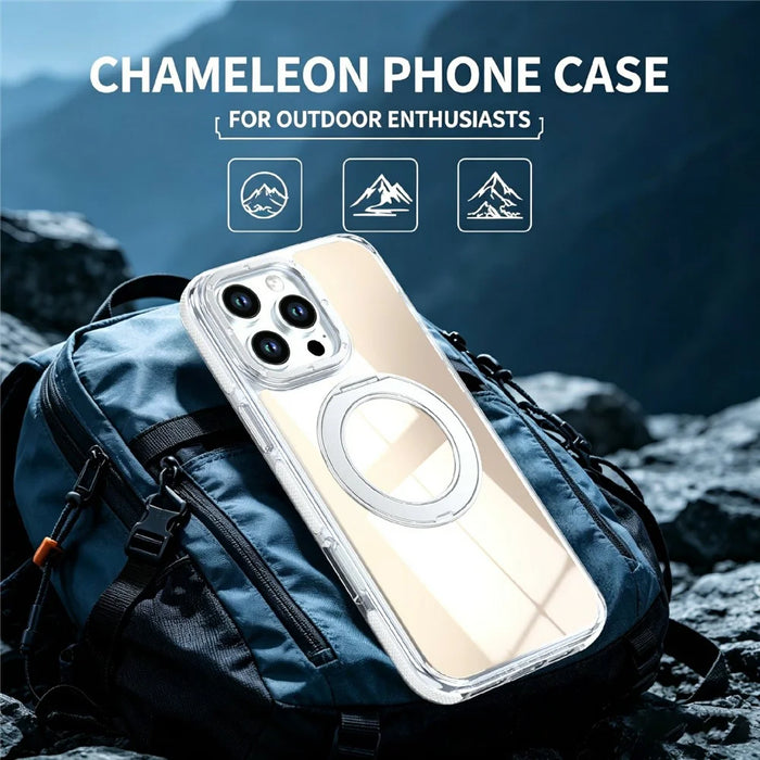 For iPhone 16 Pro Magnetic Case Fluorescent Design TPU Acrylic Phone Back Cover with 360° Rotating Kickstand - White - 5