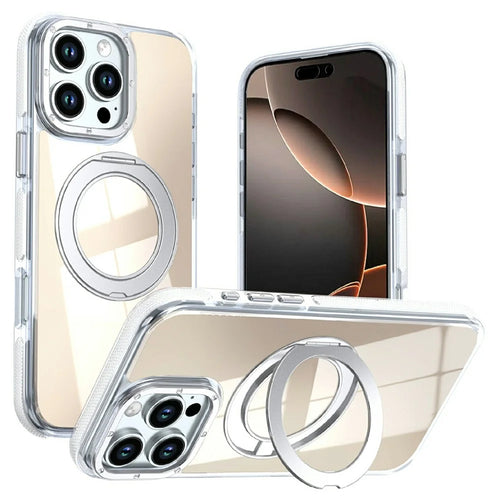 For iPhone 16 Pro Max Magnetic Case Fluorescent Design TPU Acrylic Phone Back Cover with 360° Rotating Kickstand - White - 1