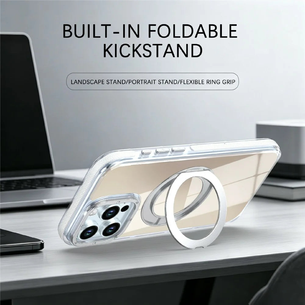 For iPhone 16 Pro Max Magnetic Case Fluorescent Design TPU Acrylic Phone Back Cover with 360° Rotating Kickstand - White - 3