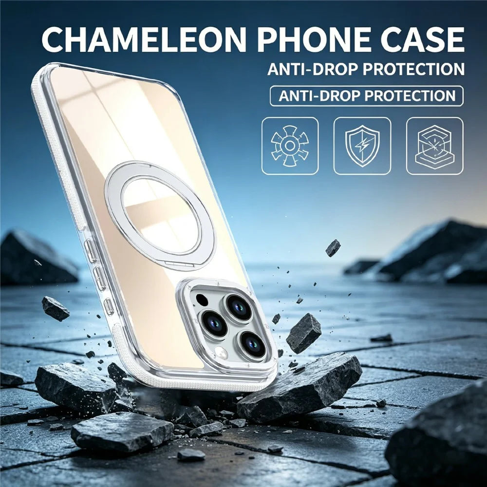 For iPhone 16 Pro Max Magnetic Case Fluorescent Design TPU Acrylic Phone Back Cover with 360° Rotating Kickstand - White - 7
