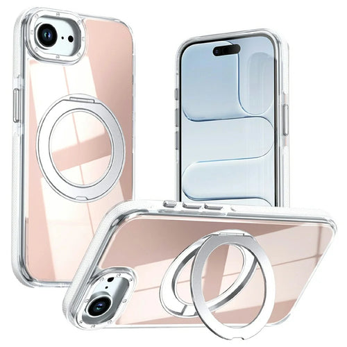 Magnetic Case For iPhone 16e  /  17e Fluorescent Design TPU Acrylic Phone Back Cover with 360° Rotating Kickstand - White - 1