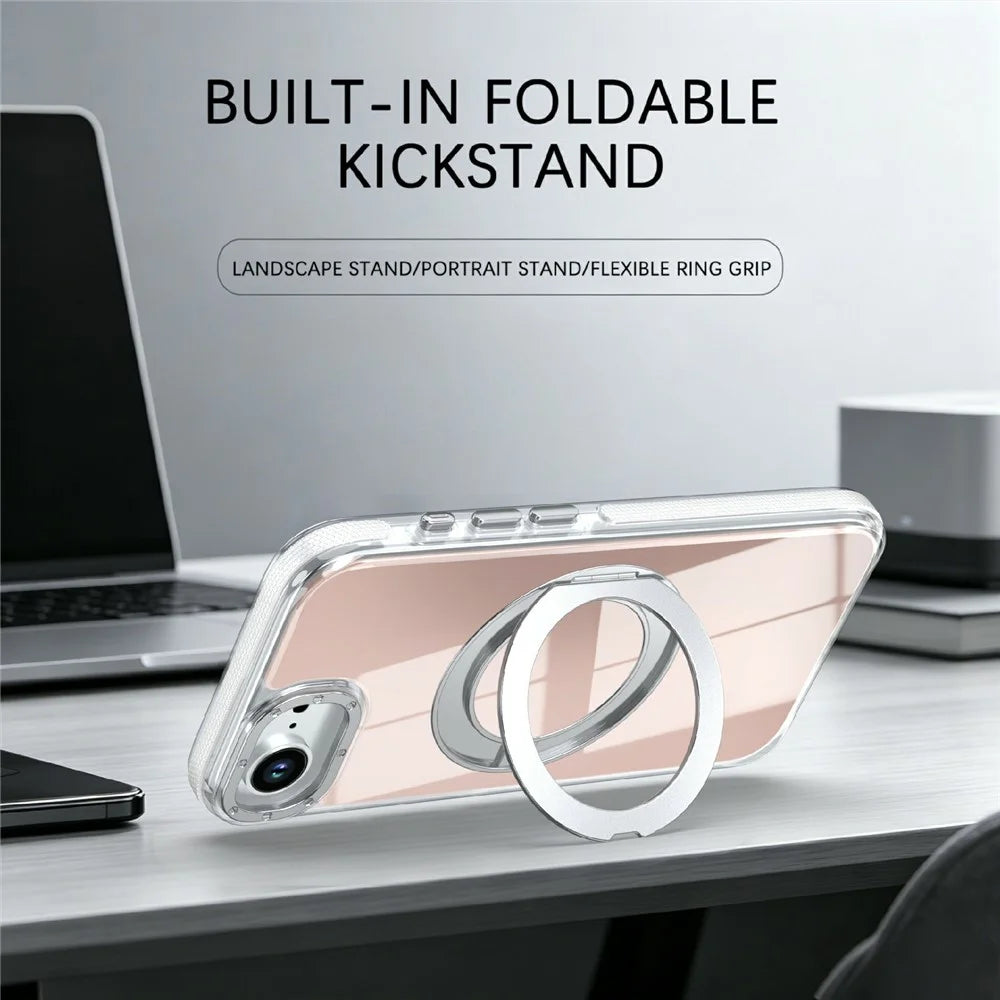 Magnetic Case For iPhone 16e  /  17e Fluorescent Design TPU Acrylic Phone Back Cover with 360° Rotating Kickstand - White - 3