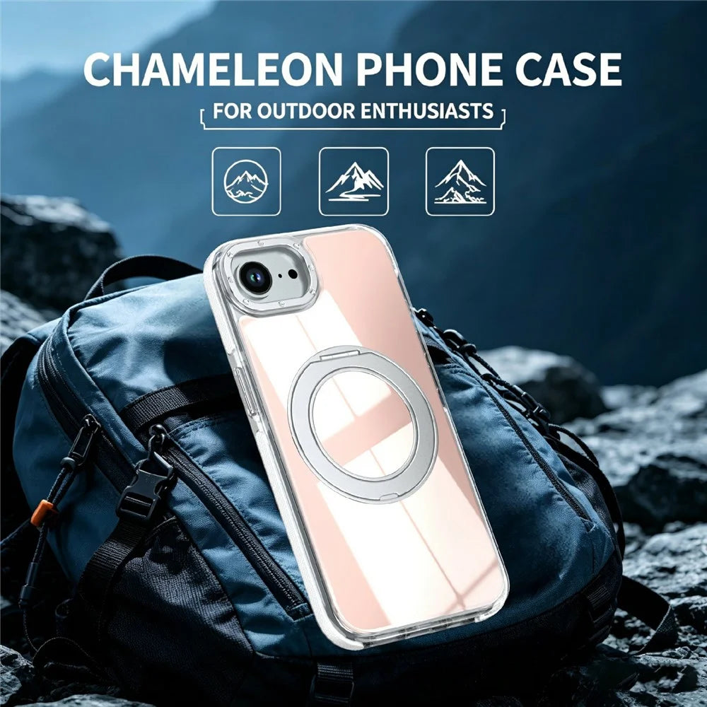 Magnetic Case For iPhone 16e  /  17e Fluorescent Design TPU Acrylic Phone Back Cover with 360° Rotating Kickstand - White - 5