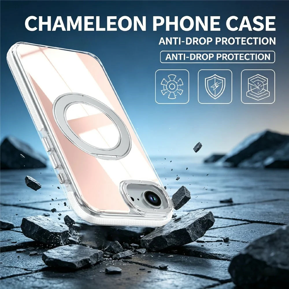Magnetic Case For iPhone 16e  /  17e Fluorescent Design TPU Acrylic Phone Back Cover with 360° Rotating Kickstand - White - 7