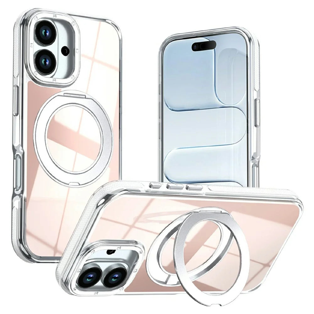 For iPhone 17 Magnetic Case Fluorescent Design TPU Acrylic Phone Back Cover with 360° Rotating Kickstand - White - 1