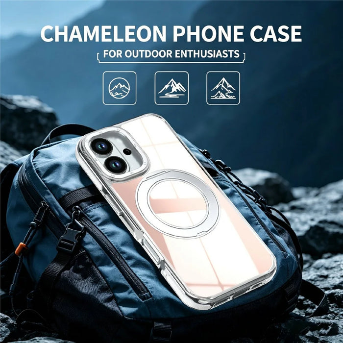 For iPhone 17 Magnetic Case Fluorescent Design TPU Acrylic Phone Back Cover with 360° Rotating Kickstand - White - 5