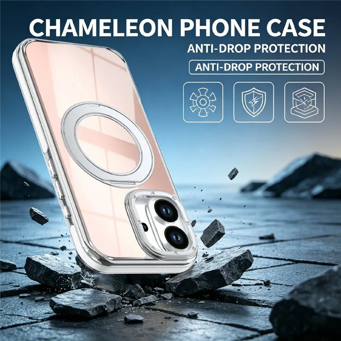 For iPhone 17 Magnetic Case Fluorescent Design TPU Acrylic Phone Back Cover with 360° Rotating Kickstand - White - 7