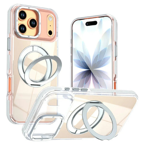 For iPhone 17 Pro Magnetic Case Fluorescent Design TPU Acrylic Phone Back Cover with 360° Rotating Kickstand - White - 1
