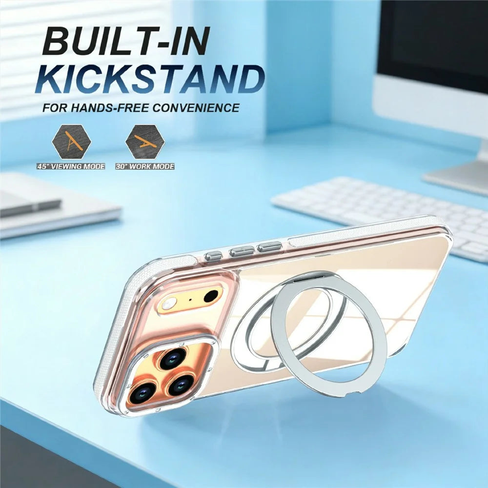 For iPhone 17 Pro Magnetic Case Fluorescent Design TPU Acrylic Phone Back Cover with 360° Rotating Kickstand - White - 3