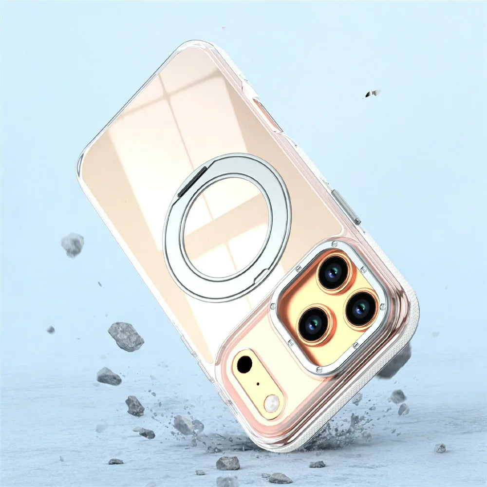 For iPhone 17 Pro Magnetic Case Fluorescent Design TPU Acrylic Phone Back Cover with 360° Rotating Kickstand - White - 5