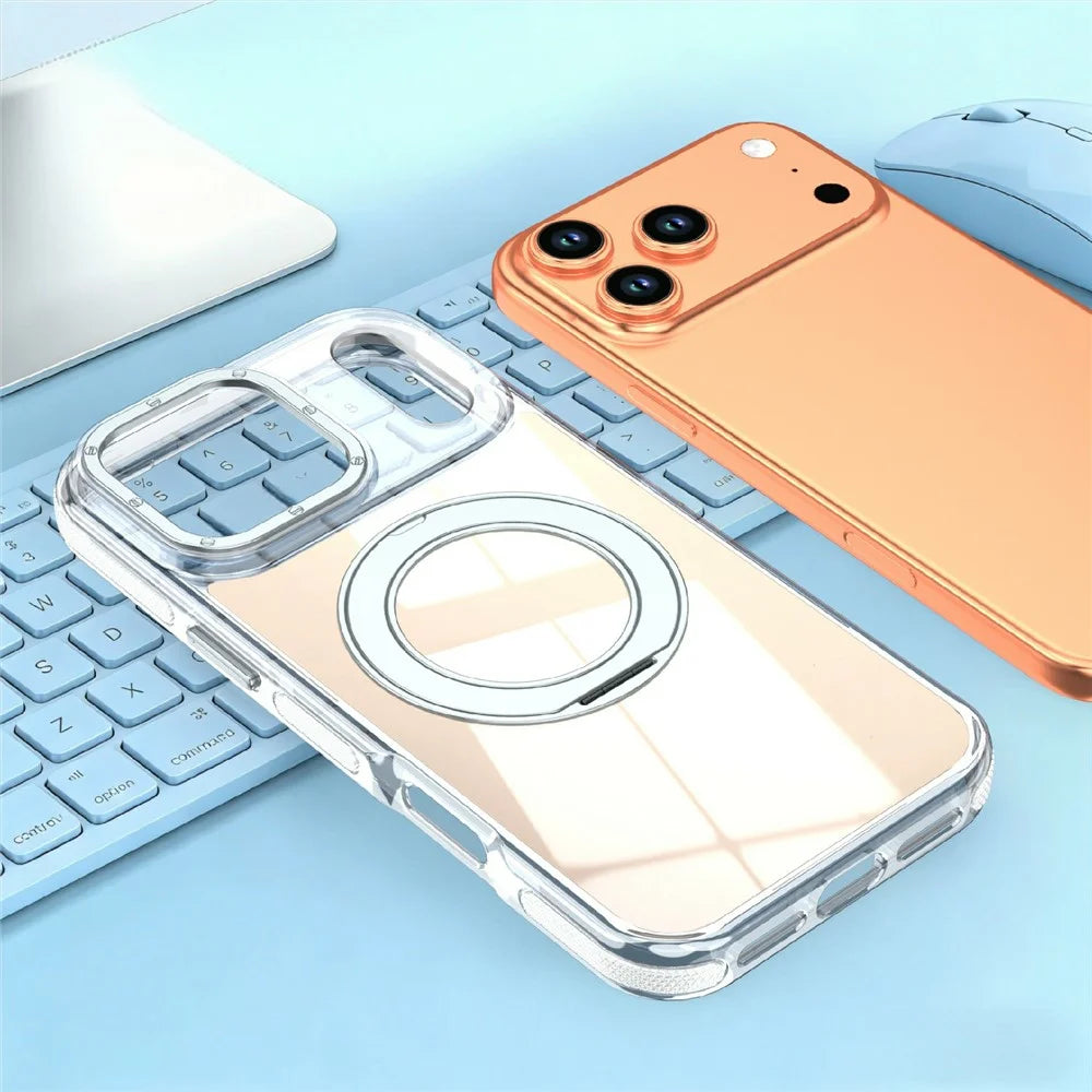 For iPhone 17 Pro Magnetic Case Fluorescent Design TPU Acrylic Phone Back Cover with 360° Rotating Kickstand - White - 6