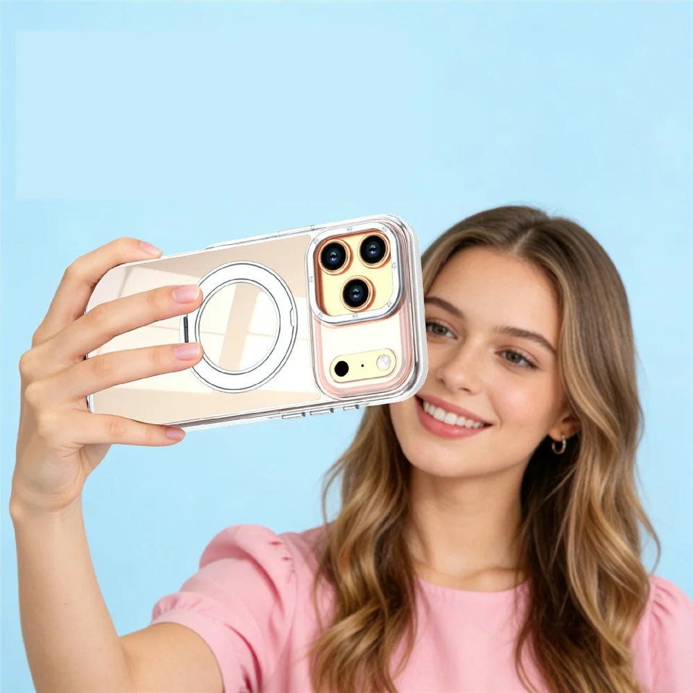 For iPhone 17 Pro Magnetic Case Fluorescent Design TPU Acrylic Phone Back Cover with 360° Rotating Kickstand - White - 7