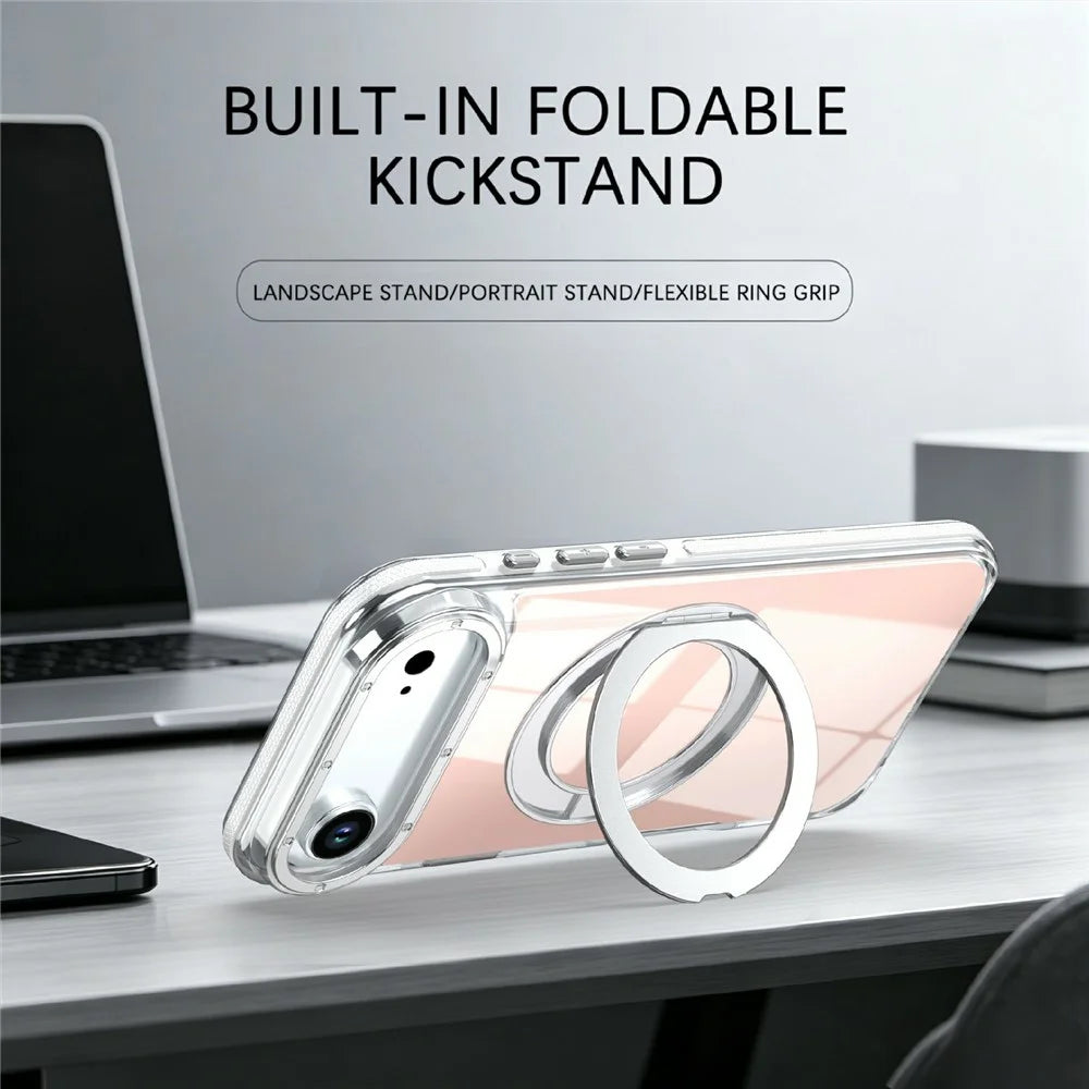 For iPhone Air Magnetic Case Fluorescent Design TPU Acrylic Phone Back Cover with 360° Rotating Kickstand - White - 3