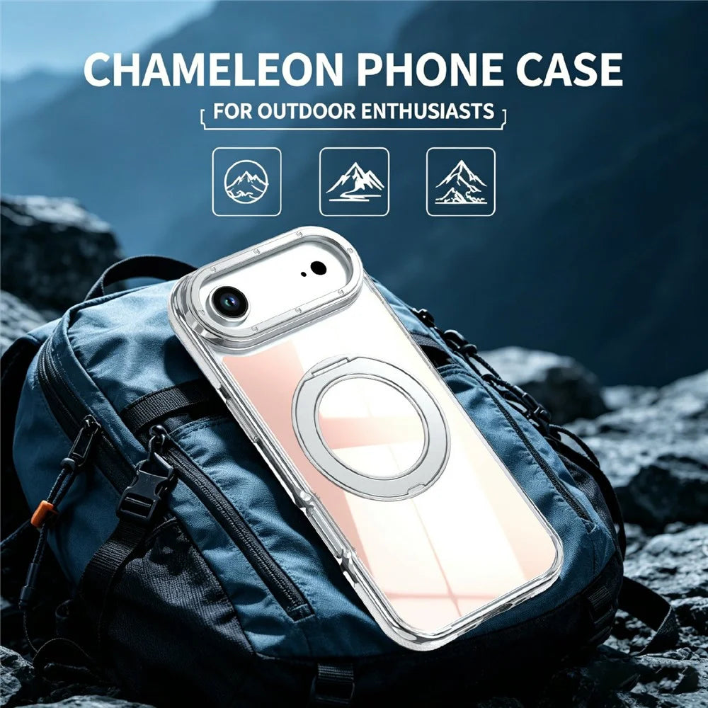For iPhone Air Magnetic Case Fluorescent Design TPU Acrylic Phone Back Cover with 360° Rotating Kickstand - White - 5