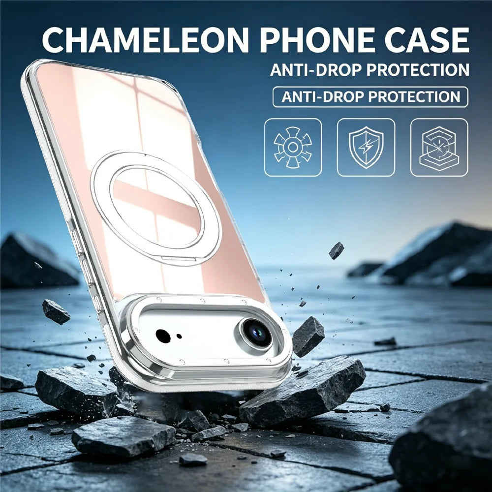 For iPhone Air Magnetic Case Fluorescent Design TPU Acrylic Phone Back Cover with 360° Rotating Kickstand - White - 7