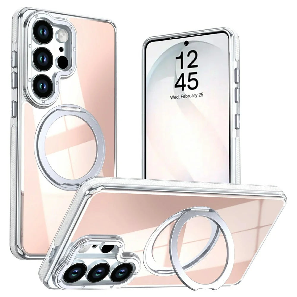 For Samsung Galaxy S23 Ultra Magnetic Case Fluorescent Design TPU Acrylic Phone Back Cover with 360° Rotating Kickstand - White - 1