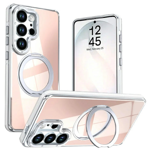 For Samsung Galaxy S23 Ultra Magnetic Case Fluorescent Design TPU Acrylic Phone Back Cover with 360° Rotating Kickstand - White - 1