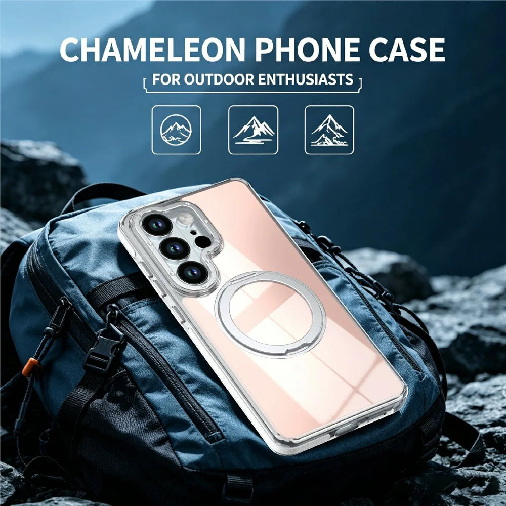 For Samsung Galaxy S23 Ultra Magnetic Case Fluorescent Design TPU Acrylic Phone Back Cover with 360° Rotating Kickstand - White - 5