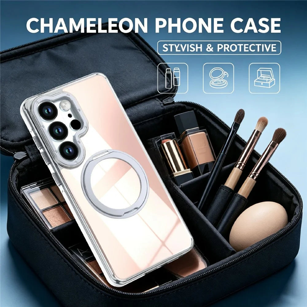 For Samsung Galaxy S23 Ultra Magnetic Case Fluorescent Design TPU Acrylic Phone Back Cover with 360° Rotating Kickstand - White - 7