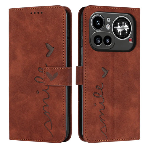 For Nothing Phone (4a) Pro Stand Case PU Leather Phone Cover Imprinted Heart Pattern - Brown - 1