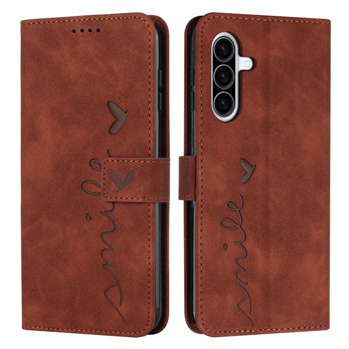 For Samsung Galaxy A27 5G Stand Case PU Leather Phone Cover Imprinted Heart Pattern - Brown - 1