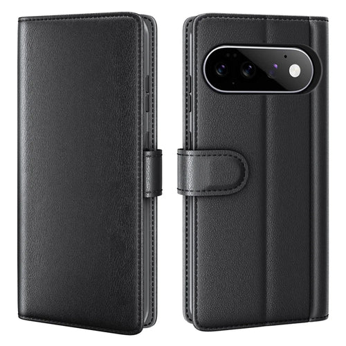 For Google Pixel 11 Case Genuine Split Leather Phone Cover with Wallet Stand - Black - 1