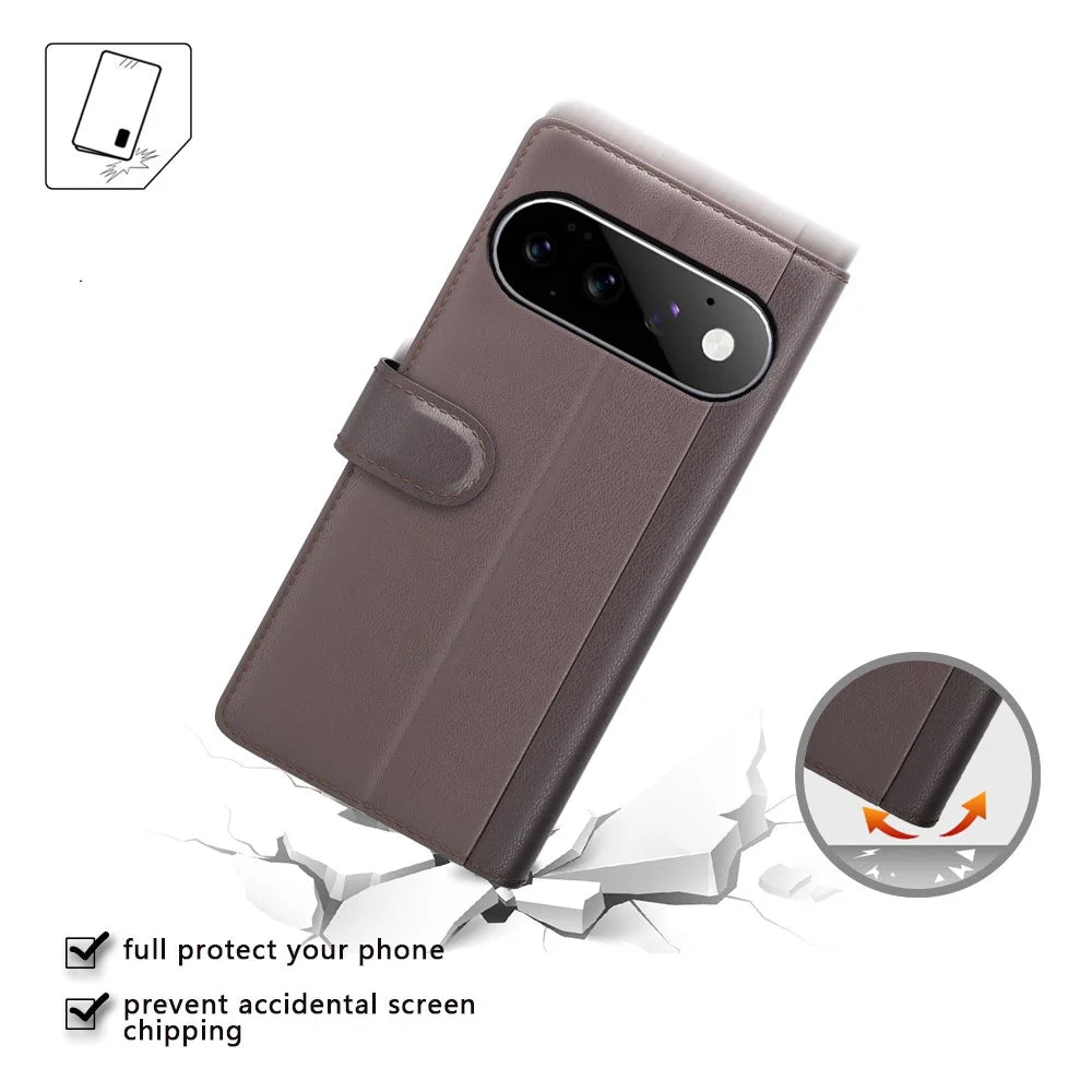 For Google Pixel 11 Case Genuine Split Leather Phone Cover with Wallet Stand - Black - 5