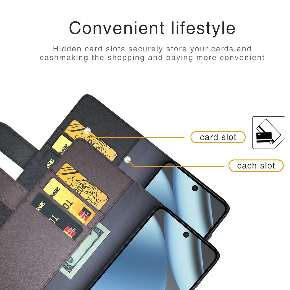 For Google Pixel 11 Case Genuine Split Leather Phone Cover with Wallet Stand - Black - 6