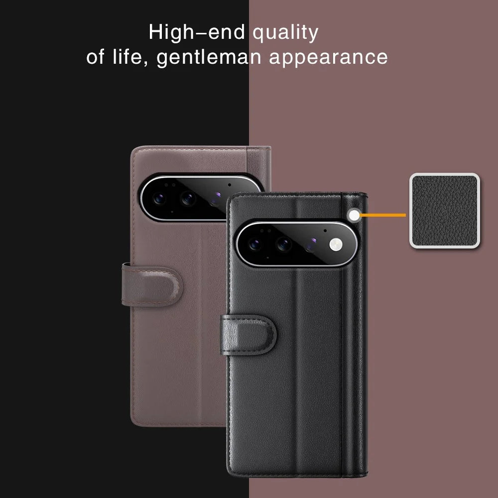 For Google Pixel 11 Case Genuine Split Leather Phone Cover with Wallet Stand - Black - 7