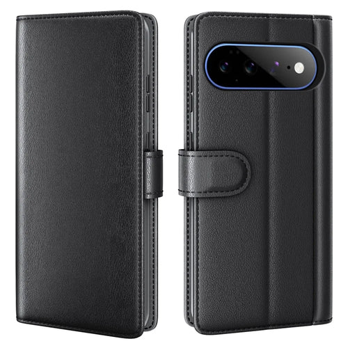 For Google Pixel 11 Pro XL Case Genuine Split Leather Phone Cover with Wallet Stand - Black - 1