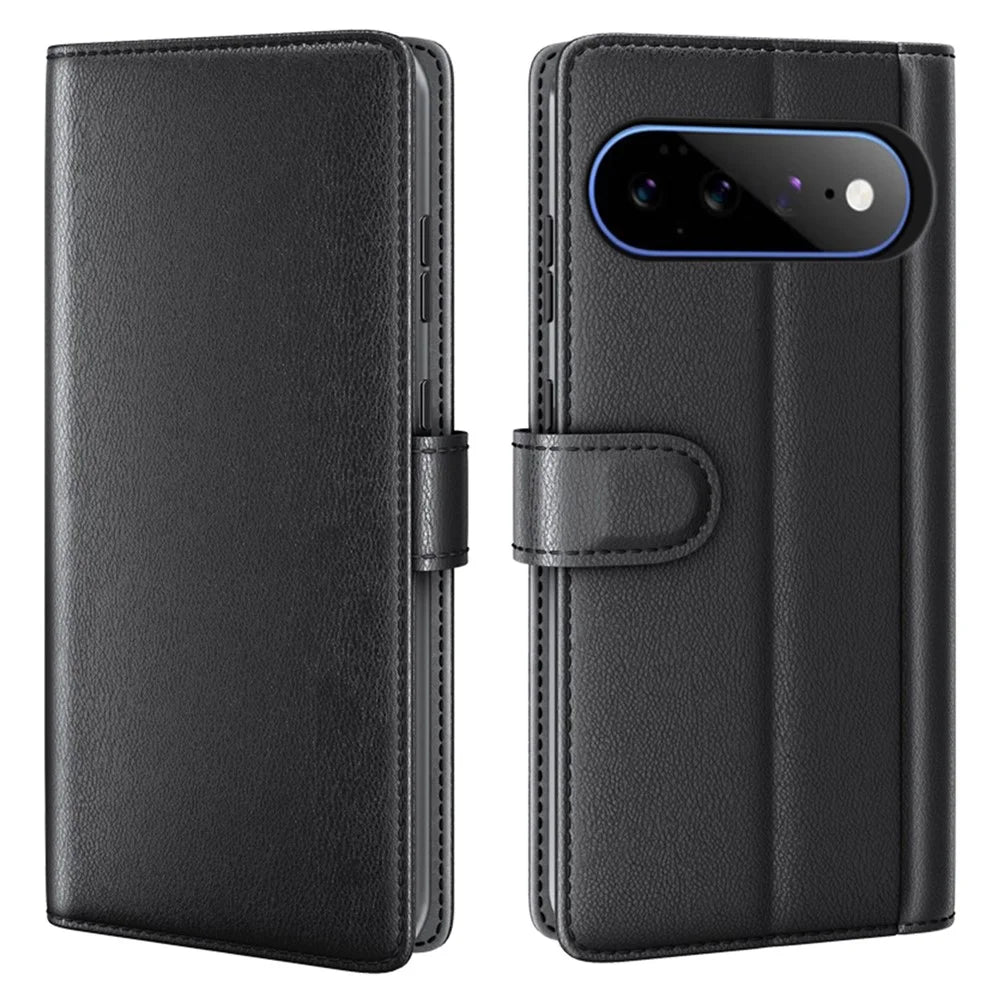 For Google Pixel 11 Pro XL Case Genuine Split Leather Phone Cover with Wallet Stand - Black - 1