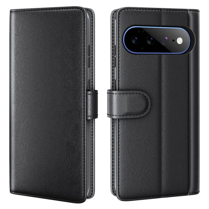 For Google Pixel 11 Pro XL Case Genuine Split Leather Phone Cover with Wallet Stand - Black - 1
