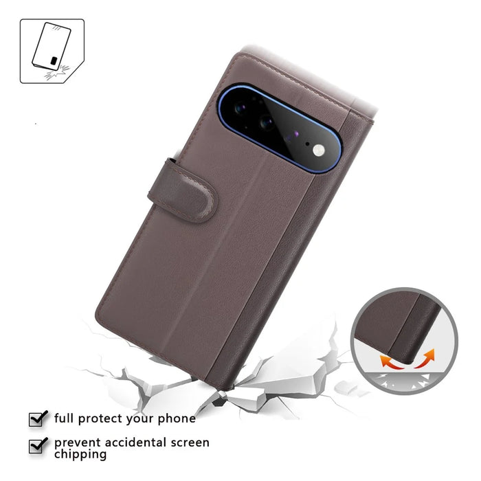 For Google Pixel 11 Pro XL Case Genuine Split Leather Phone Cover with Wallet Stand - Black - 5