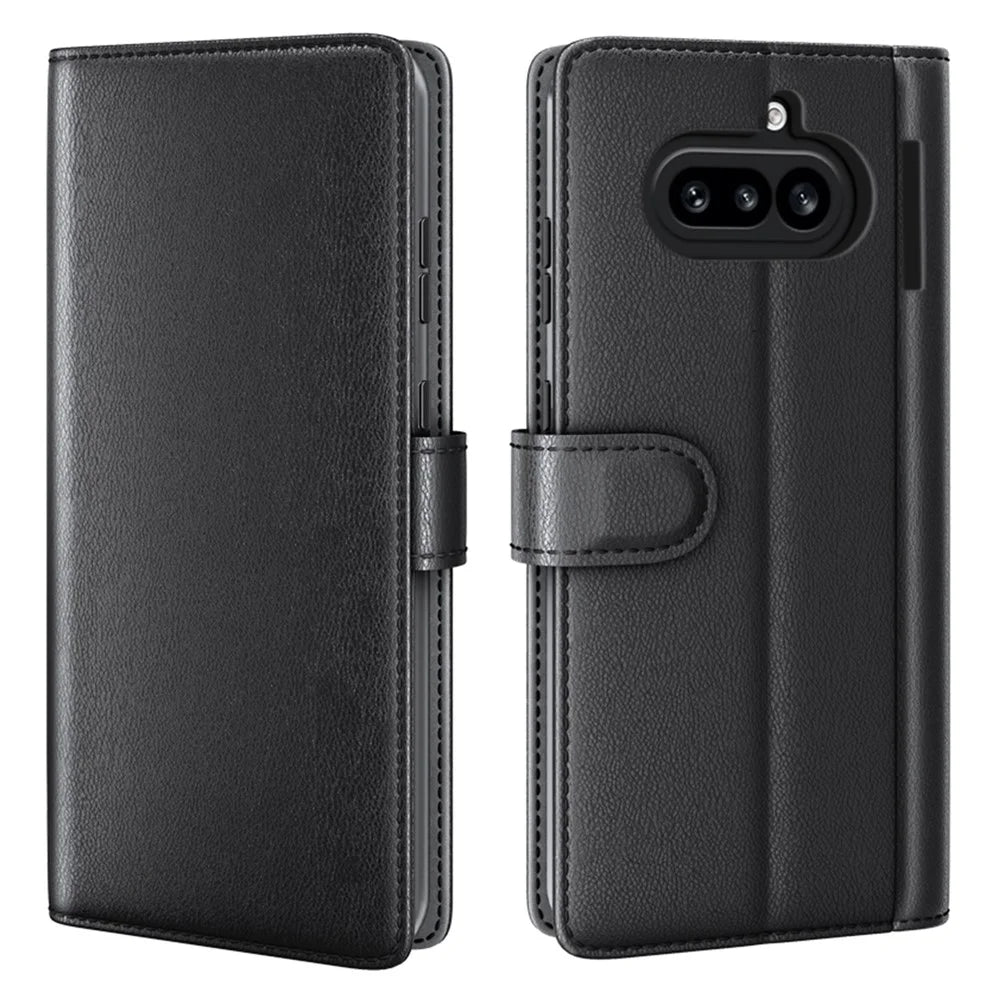 For Nothing Phone (4a) Case Genuine Split Leather Phone Cover with Wallet Stand - Black - 1