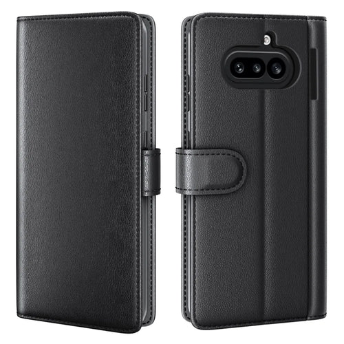 For Nothing Phone (4a) Case Genuine Split Leather Phone Cover with Wallet Stand - Black - 1