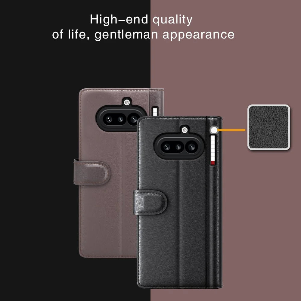 For Nothing Phone (4a) Case Genuine Split Leather Phone Cover with Wallet Stand - Black - 7