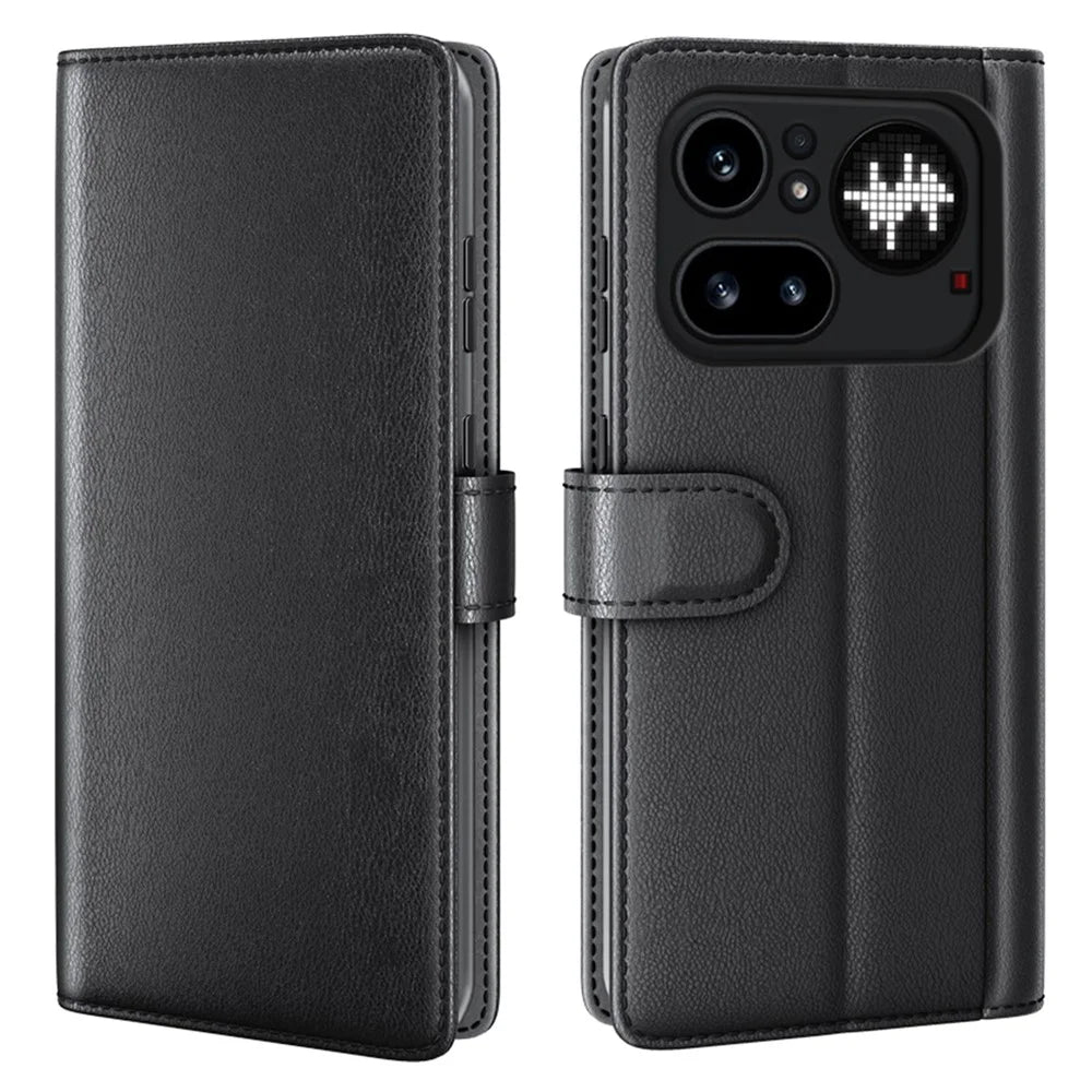 For Nothing Phone (4a) Pro Case Genuine Split Leather Phone Cover with Wallet Stand - Black - 1