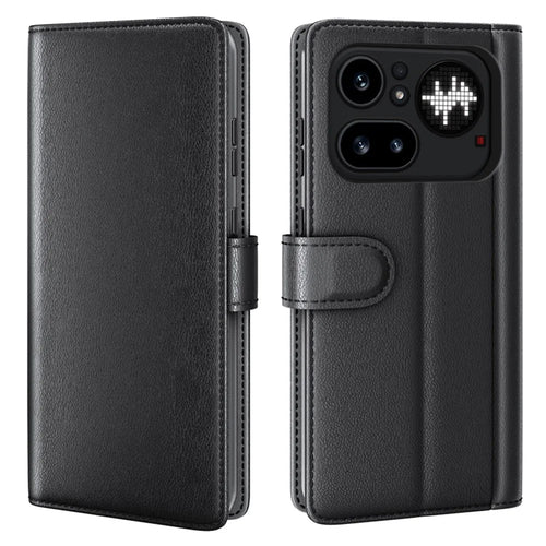 For Nothing Phone (4a) Pro Case Genuine Split Leather Phone Cover with Wallet Stand - Black - 1